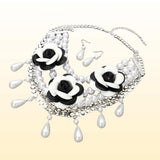 Faux Leather Floral Embellished Pearl Strand Statement Necklace