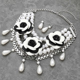 Faux Leather Floral Embellished Pearl Strand Statement Necklace