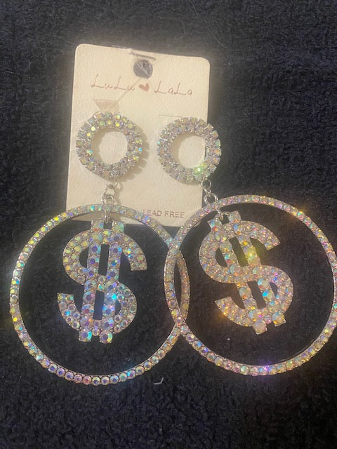 Silver rhinestone $ sign earring